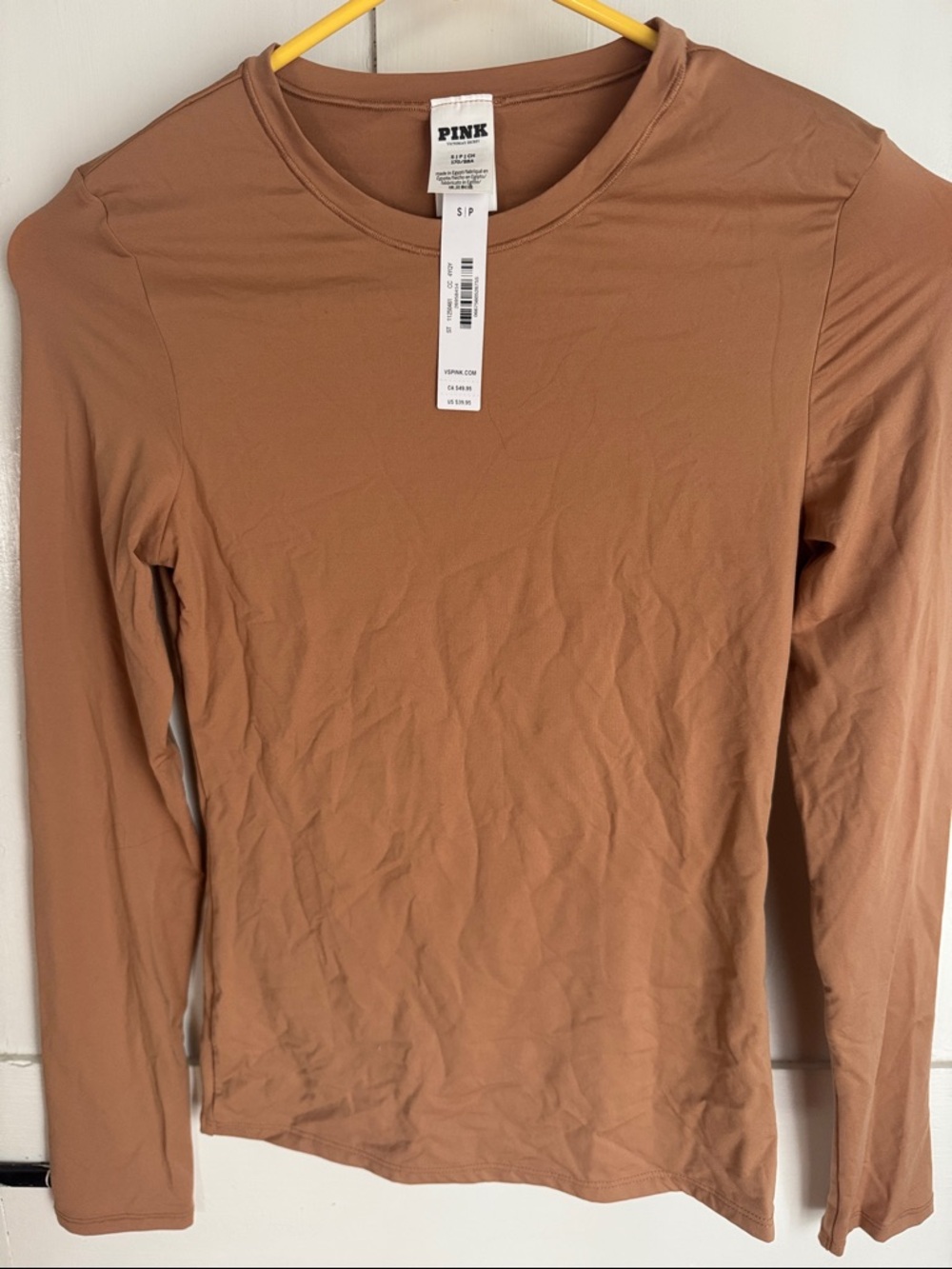 PINK Long Sleeve Crewneck Top in Tan